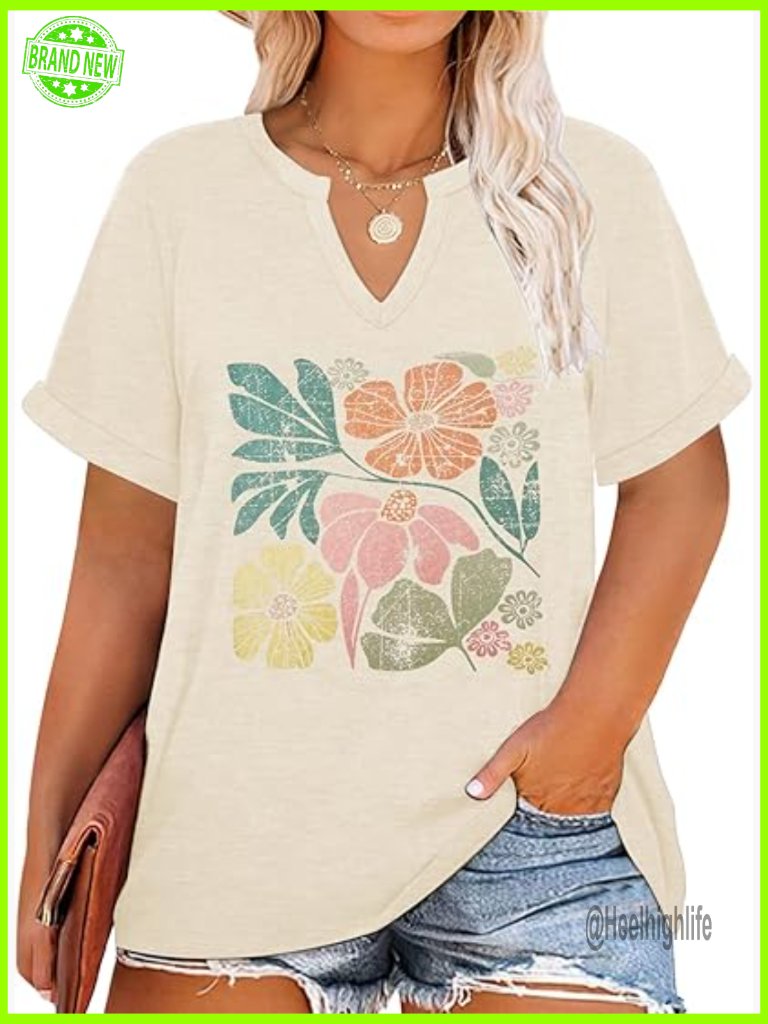 Plus Size Floral Graphic V-Neck T-Shirt Loose Fit Short Sleeve Blouse